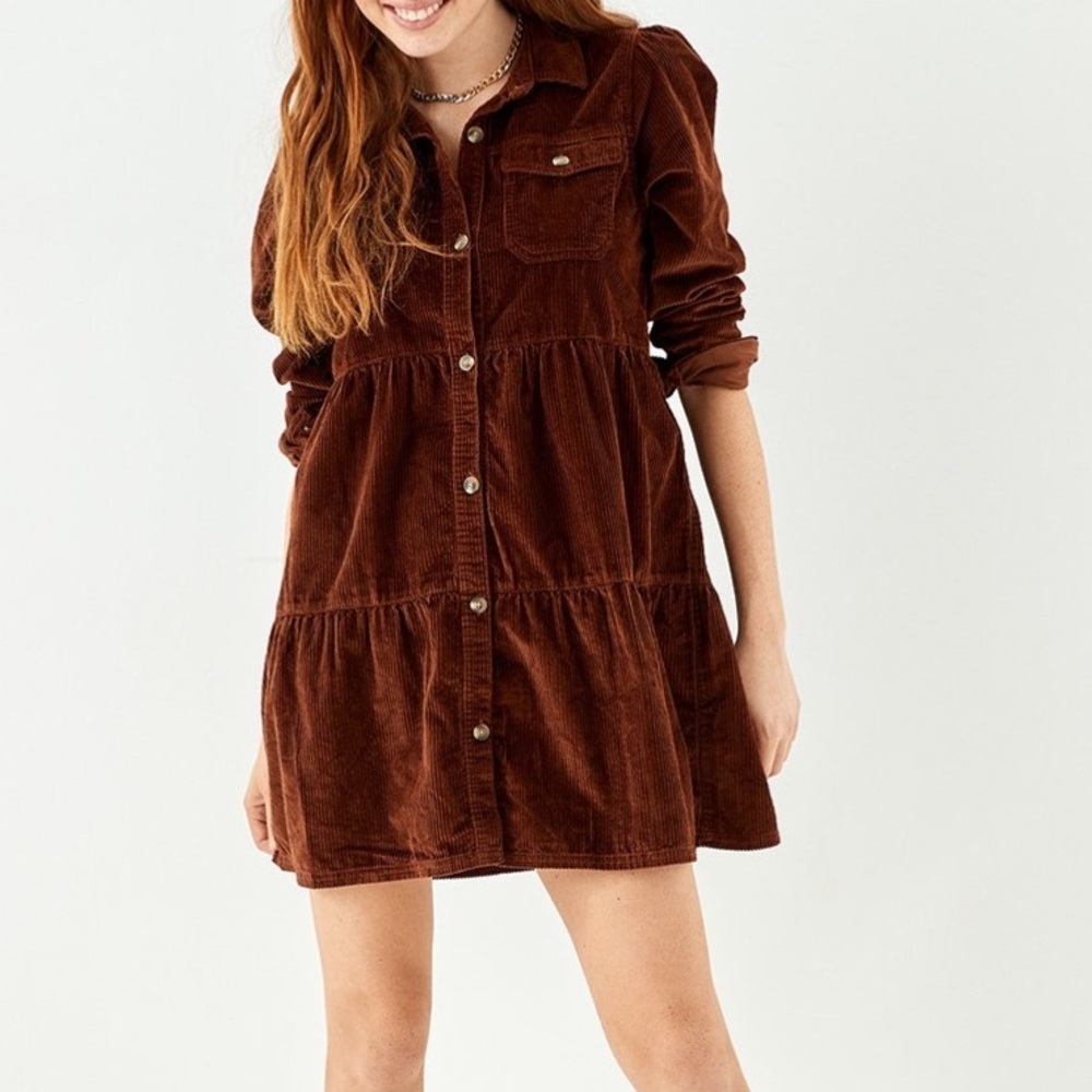 American Eagle Chocolate Corduroy Babydoll Button Up Shirt Dress 100% Cotton | S